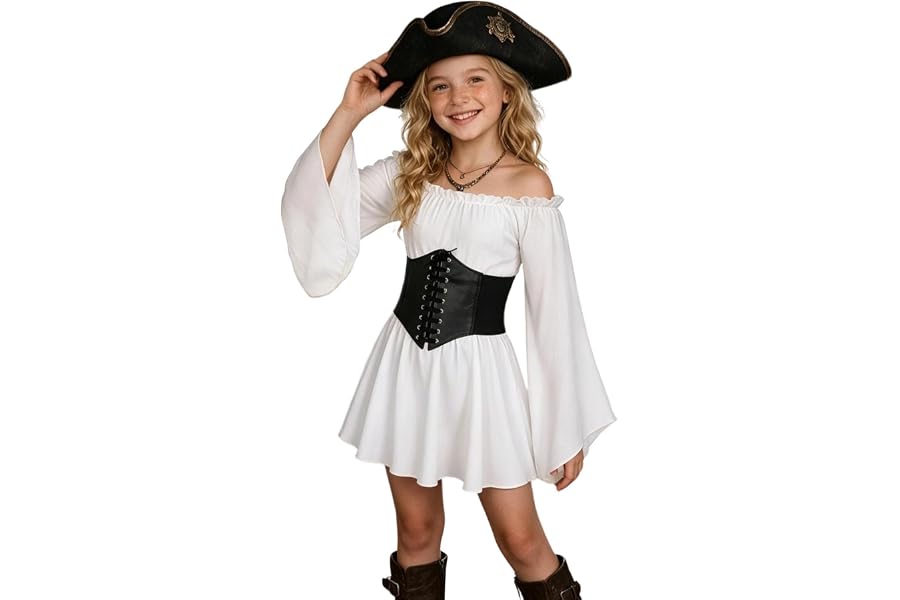 Girls Pirate Costume Kids Halloween Costumes For Kids Dress Off Shouder | 2 Pc Girl Pirate Dress With Corset Belt Corset Belt Ruffle Hem Soft Halloween Adjustable Cosplay Props Outfit