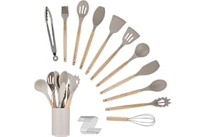 KITDAHOM Juego de Utensilios de Cocina - Set de 12 Piezas de Silicona con Caja de Cubiertos y Mango de Madera - Resistente al Calor, Antiadherente y Apto para Lavavajillas - Utensilios de Cocina (Caqui)