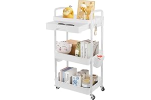 CROWNSHOP Beauty Trolley on Wheels - 3-Tier White Storage Trolley with Drawer- Kitchen Storage with Lockable Wheels | Plastic + Stainless Steel Mobile Organiser for Bathroom Office, 76x40x30cm