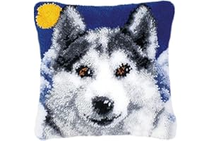 VIONNPPT Knüpfkissen Zum Selber Knüpfen, DIY Kissenbezug Knüpfen Kissen Hülle Sofakissenbezug, Knüpfkissen Set für Kinder Erwachsene, Latch Hook Kit 40cmx40cm (Sibirischer Husky)