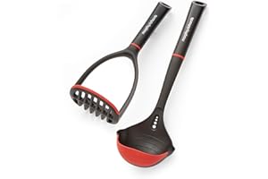 Morphy Richards Masher and Ladle Set, Heat Resistant Nylon & Silicone Kitchen Utensils | Non-Stick | Dual-Sided Ladle with Measurements & Herb Stripper | Dual-Action Masher | Dishwasher Safe, 869002