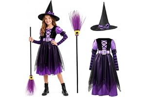 PLLYPE Häxdräkt för flickor, häxkostym cosplay för barn, halloweenkostym barn häxa med klänning och hatt, för halloween karne