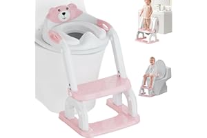 OSKUGLIN Asiento de inodoro infantil con Escalera，2 en 1 Ajustable y Plegable, Adaptador de baño infantil con cojín Acolchado Adaptable a Inodoros V/U/O (Rosa)