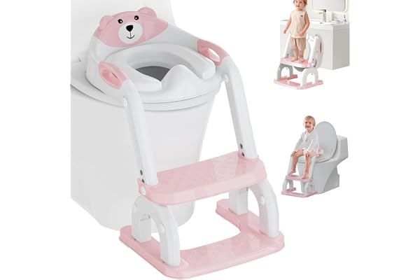 Reducteur Toilette Enfant,Pliable Réducteurs De Toilettes Avec Escalier, 2 en 1 Rehausseur Toilette Enfant,Réglable en Hauteur et Portable,Adapté aux Toilettes en Forme de V, U, O (Rose)