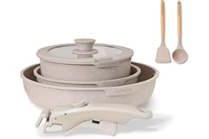 BOREINE Batterie de Cuisine 7 Pce, Lot Casserole et Poele avec Poignee Amovible et Couvercle, Revêtement Antiadhésif en Granit sans PFOA, Compatible Tous Feux (Induction, Vitrocéramique, Gaz) - Marron