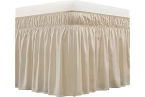 MEILA Bettrock zum Umwickeln, drei Stoffseiten, elastisch, staubgerüscht, 61 cm, maßgeschneiderte Länge, einfach zu installieren, lichtbeständig, Beige, Queen/King