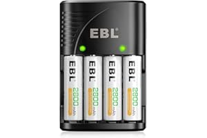EBL Ładowarka akumulatorowa, Plug Charger z akumulatorem AA 2800 mAh, 4 sztuki, ładowarka do akumulatorów wielokrotnego ładowania, akumulator Ni-MH AA AAA 9 V, EBL C802 ładowarka z zestawem