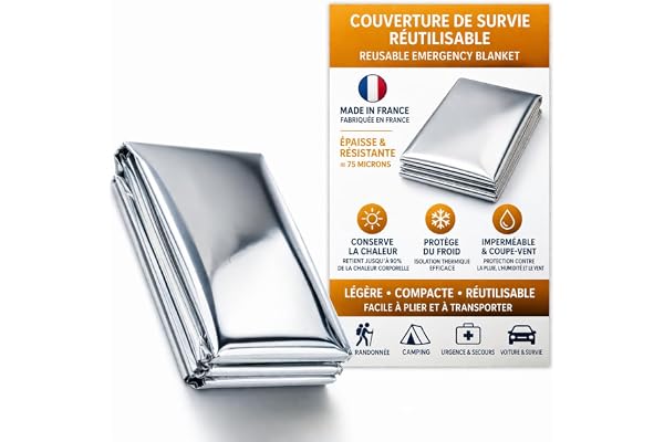 Frana surv – Couverture de Survie Réutilisable Épaisse 75 Microns – Made in France – Isolation Thermique, Imperméable & Coupe-Vent – 220x140 cm – Kit Urgence Voiture, Camping, Randonnée