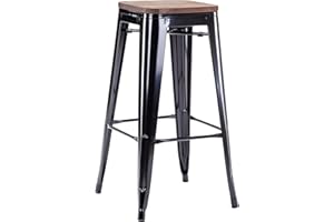‎DUHOME Duhome Barhocker Eisen Barstuhl, Sitzhöhe 76cm Tresenhocker, Stapelbar Metall Bistrohocker mit Fußstütze, Stizfläche aus Holz, Schwarz+Dunkles Holz