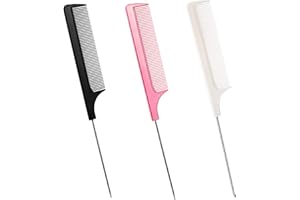 TCPENG 3-in-1 Rat Tail Comb Set - Anti Static, Heat Resistant, Fine Tooth Barber Comb with Stainless Steel Handle - Pink, White, Black