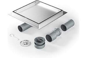 Bernkot 20 x 20 cm Square Shower Channel, 360° Siphon with Odour Proof and 2 in 1 Hair Strainer, Stainless Steel Drainage Gutter Extra Flat DN50 DN40