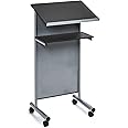 Audio-Visual Direct Wheeled Lectern with Storage Shelf - Silver/Black - Compact Standing Desk for Reading - LapTop Stand