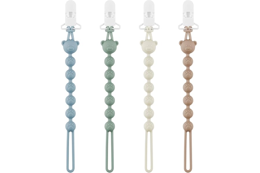 DOUUCO Silicone Dummy Clip for Baby Boys and Girls, Soother One Piece Pacifier Clip, Soft Soother Pacifier Holder BPA Free Teething Toys 4 Pack