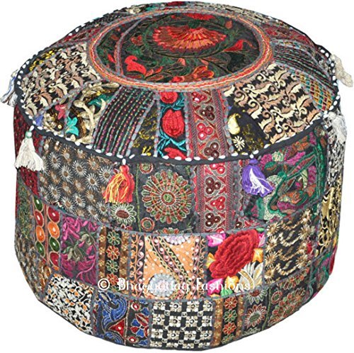 Indian Patchwork Pouf Cover Indian Living Room Pouf, Decorative Ottoman,Embroidered Designer Ottoman, Home Living Footstool Chair Cover, Bohemian Ottoman Pouf Decor 14x22 Inch.