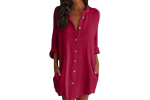 Iuyhau Women's Oversized Linen Shirts Plus Size Baggy Comfy Blouses Tops Half Sleeve Button Up Mid-Long Shirts V Neck Work Plain Tops Tunic Tee Mini Dress with Pockets