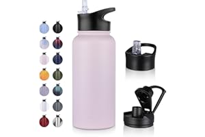 UMBFUN Edelstahl Trinkflasche - 1L - mit Strohhalm,Auslaufsicher,Kohlensäure Geeignet,BPA frei Thermosflasche(+2 Deckel) Vakuum Doppelwandisolierung für Sport,Reisen,Camping,Schule,Fahrrad,Gym