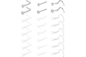 Mayhoop 16-24 Pcs Clear Nose Studs Bioflex Retainers Acrylic & Stainless Steel CZ Flexible Nose Retainers Studs L Shaped Nose Rings Bone Pin Nose Studs Screw 18G 20G 22G for School Work