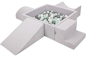 KiddyMoon Area di Gioco in Schiuma con Quadrato Piscina di Palline (300 Palline) per Bambini, Grigioch:Bianco/Grigio/Menta