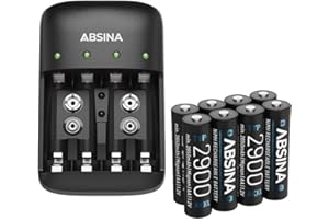 ABSINA Ładowarka do akumulatorów AA AAA i 9 V blok w zestawie 8 x AA 2900 - ładowarka NiMH 4-krotna do akumulatorów wielokrotnego ładowania - baterie do ładowania z ładowarką - zestaw ładowarek