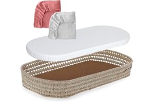 MIMUSELINA | Cesta Cambiador de Bebe de Mimbre | Con Colchon para el Cambiador de Mimbre + Funda de Muselina de Algodón | Hecha a Mano de manera Artesanal con Palma Natural | (Rosa/Blanco)