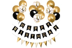 OHugs Black and Gold Birthday Decorations Set – Happy Birthday Banner, Bunting, 12 Inch Balloons, Ribbon & Hooks - Reusable Birthday Party Supplies for Men, Women, Boys, Girls & Milestone Celebrations