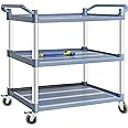 BRLJUNEO Plastic Utility Carts with Wheels, 3-Tier Large Size Restaurant Food Cart, Heavy Duty 510lbs Capacity Rolling Service Cart w/Hammer for Commercial, Kitchen, Office (Lockable Wheels, Grey)