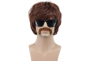 VGbeaty Perruque Courte Marron Brune des Années 60 70 80 pour Hommes avec Moustache Perruque Disco des Chanteurs Stars Hippie pour Carnaval Halloween Déguisement Party