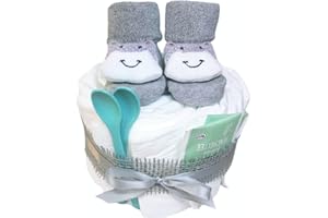 ‎WINDELKÖNIG Windeltorte in grau für Mädchen oder Jungen mit süßen Babysocken und zwei Babylöffeln | Geschenk zur Geburt oder Babyparty | Tiersocken | Windelkönig ihre Windeltorten Manufaktur |