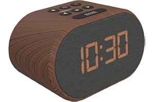 i-box Alarm Clocks Bedside, Radio Alarm Clock, Mains Powered or Battery, FM Radio, USB Charging Port, 5 Step Dimmable Display, Non Ticking, LED Display (Wood)
