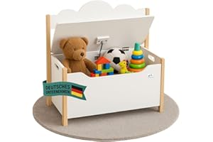 ‎COEMO Coemo Spielzeugtruhe mit Sitzbank, Holztruhe Weiß Trudi 60×26×55 cm – Kinderzimmer Bank mit Stauraum, Spielzeugkiste mit Sicherheitsscharnier, kindgerechte Sitzhöhe, dekoratives Wolken-Design
