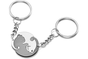 PiercingJak Porte-Clés Couple Chat Blanc Noir Gravure Personnalisée Keychain Pendentif Puzzle Séparable Amour Amoureux Amitié Acier Inoxydable Argent Cadeau La Saint-Valentin