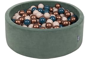 KiddyMoon Piscine À Balles pour Bébé Velours Rond 90X30cm/200 Balles 7Cm Fosses À Boules Jouet Enfant, Vert Forêt: Turquoise Foncé/Beige Pastel/Cuivre