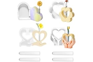 LCUHAVA Silikonformen Gießformen Set, 4 Stück Silikon Gießformen für Herz Vasen mit 4 Acryl Reagenzgläsern, Gips zum Gießen Epoxidharz Formen, Wiederverwendbare DIY Handwerk Blumenvase