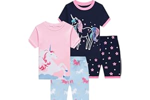 Eulla Girls' Short Unicorn Pyjamas for Children, Cotton Pyjamas, Trousers and Tops