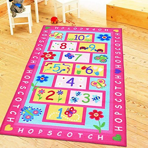 KEPSWET Girl Children Hopscotch Game Rug Pink Kid Nursery Classroom Play Carpet Bedroom Floor Mat Rectangle (100cmx150cm, Pink)