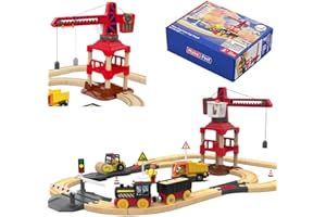 3T6B Tren Madera Juguete, 58 Piezas de Tren Eléctrico para Niños, con Rieles de Madera, Gruas de Juguete Giratoria 360°, Juguetes Educativos para Niños y Niñas de 3 a 6 Años