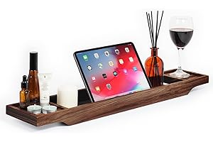 woodluv Slimline Acacia Wood Bathtub Caddy Tray Bridge Wooden Bath Rack Bathroom Accessory Bath Shelf Over Tub Bathroom Board Storage Shelf Tidy Relax Organiser, 70 x 14.5 x 7.5 cm - Natural