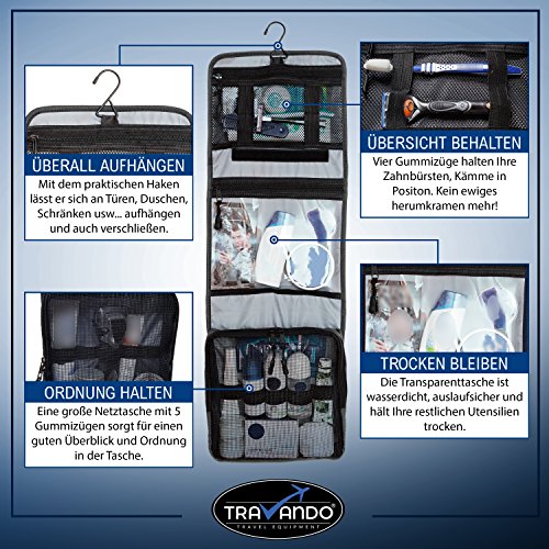 Travando ® Premium Kulturtasche zum Aufhängen | Faltbarer Reise Kulturbeutel mit Tragegriff | Multifunktionale Toilettentasche, platzsparende Kosmetiktasche, Waschtasche, Waschbeutel für Herren, Damen - 3