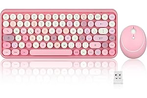 Perixx PERIDUO-713 Tastiera e mouse wireless, tasti rotondi, design macchina da scrivere retrò, tasti multimediali, cute colore rosa, QWERTY italiano