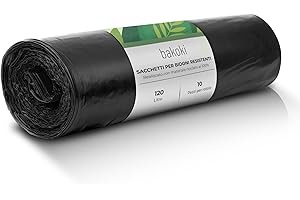 Bakoki Sacchetti per la spazzatura, 120 l, estremamente resistenti agli strappi, extra forti, ideali per la casa, il giardino e il funzionamento, rotolo da 10 pezzi, sacchi per la spazzatura pesanti