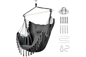 Goutime XXL Hängematten-Schaukelstuhl - mit 2 Kissen und 1 Nackenkissen, Baumwoll-Schaukelstuhl für Schlafzimmer und Terrasse, Hängestuhl mit Seitentaschen und Montagezubehör (Dunkelgrau)