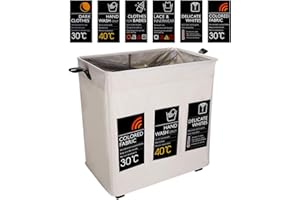 IHOMAGIC 3 Compartiments Panier à Linge Amovible et Pliable avec 6 étiquettes personnalisé, Corbeilles à Linge Sac Linge Laundry Sac de Lavage d’Organizer vêtements 105L dans Chamber Buanderie, Beige