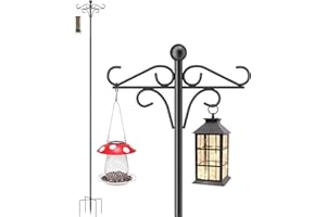 QIZENME Bird Feeder Stand, 234cm Heavy Duty Double Shepherd’s Hook with 5 Prongs Base, hanging bird feeder Sturdy Freestanding Pole for Garden, Yard, or Patio, Rustproof & Easy Assembly Black (1 Pack)