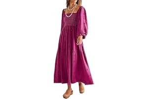 Barbotimer Women's Flower Embroidered Maxi Dress Lantern Sleeve Square Neck Tiered Flowy Spring Fall Dress