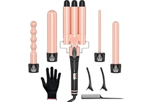 ‎OBVHNUA OBVHNUA 5 in 1 Lockenstab 3 Fässer Welleneisen 9-32mm Keramik Lockenwickler 2-stufig einstellbare Temperatur 150-230°C schnelles Aufheizen 2m 360° drehbares Kabel mit Handschuh, Kamm und 2 Haarnadeln