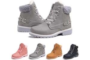 HITMARS Ladies Ankle Boots Womens Snow Shoes Fur Lined Winter Combat Boot Warm Lace Up Plat PU Leather Booties Comfy Fashion Outdoor Black Grey Brown 3.5-9 UK