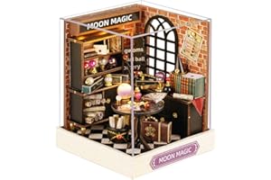 CUTEROOM Zestaw do budowy miniaturowego domku dla lalek, z drewna, mini zestaw do budowy domu z meblami i ochroną przed kurzem (Moon Magic)