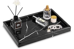 TABHOUKIT Plateau de Salle de Bain Plateau Marbre Naturel Luxueux Polyvalent Plateaux Décoratif pour Cosmétiques, Plans de Travail, Cuisine, Clés, Café, Parfum, Bijoux (Noire et Blanche, 30 x 20 x 3 cm)