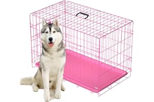 JAOSY Dog Cage Dog Crates 2 Door Sturdy Home Pet Wire Cage Folding Metal Dog Crate with Plastic Tray Black Pink Blue Pet Cat Puppy Training Crate XS S M L Sizes Animal Playpen Transport Carrier (Pink)