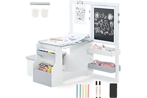 ‎HOMASIS HOMASIS 6 in 1 Kindertafel, Holz Kindertisch Stuhl Set mit Staffelei, höhenverstellbare Maltafel mit Kreidetafel & Whiteboard & Papierrolle, Kindersitzgruppe für Kinder ab 3 Jahren (Grau+Weiß)